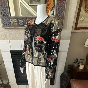 Jake Byron Beaded Sequin Red Gold Black Jacket L/XL Armpit To Armpit 23” VTG